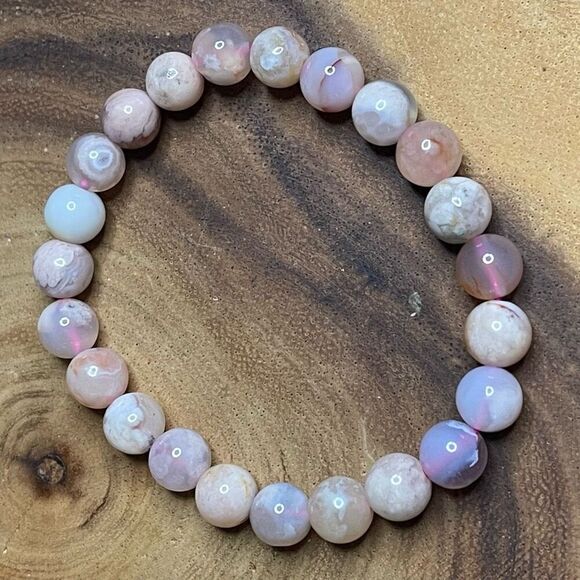 Pink green Flower Agate stretch beaded bracelet 7” crystal healing beads 8mm ONE - Picture 3 of 7